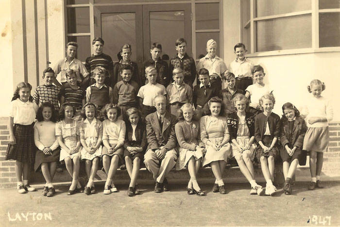 Teacher and grade 6-7 students at Sea Island School 1947-48